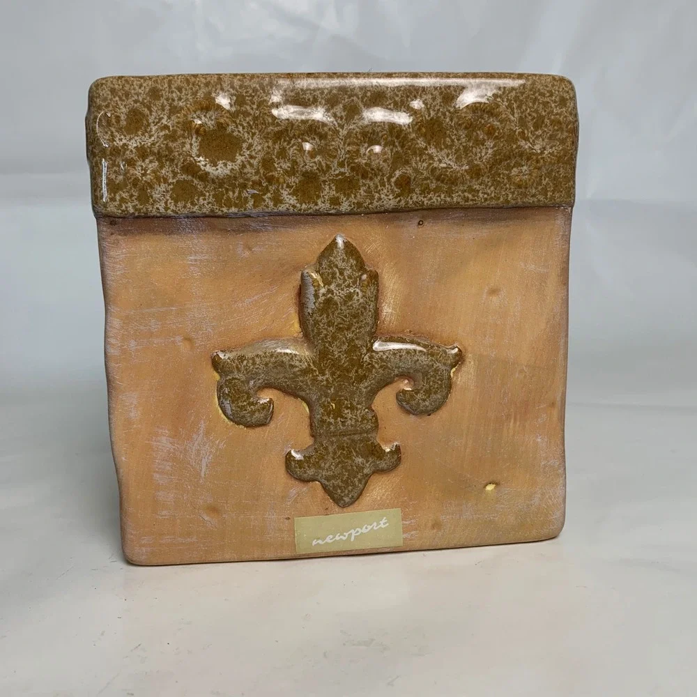 Newport Tissue Box Cover Fleur De Lis Terracotta Brown Ceramic Heavy EUC